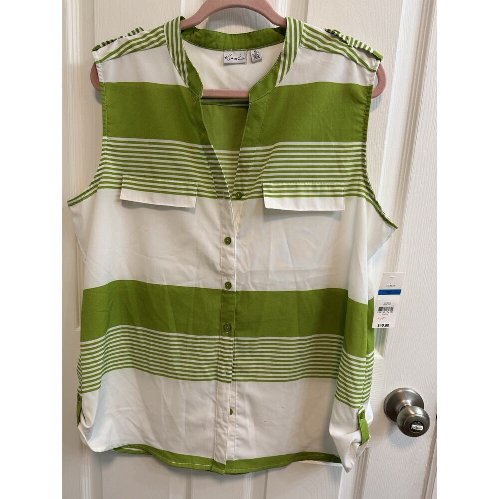 Kim Rogers XL Sleeveless Blouse Green White Stripe Button Roll Tabs V-neck